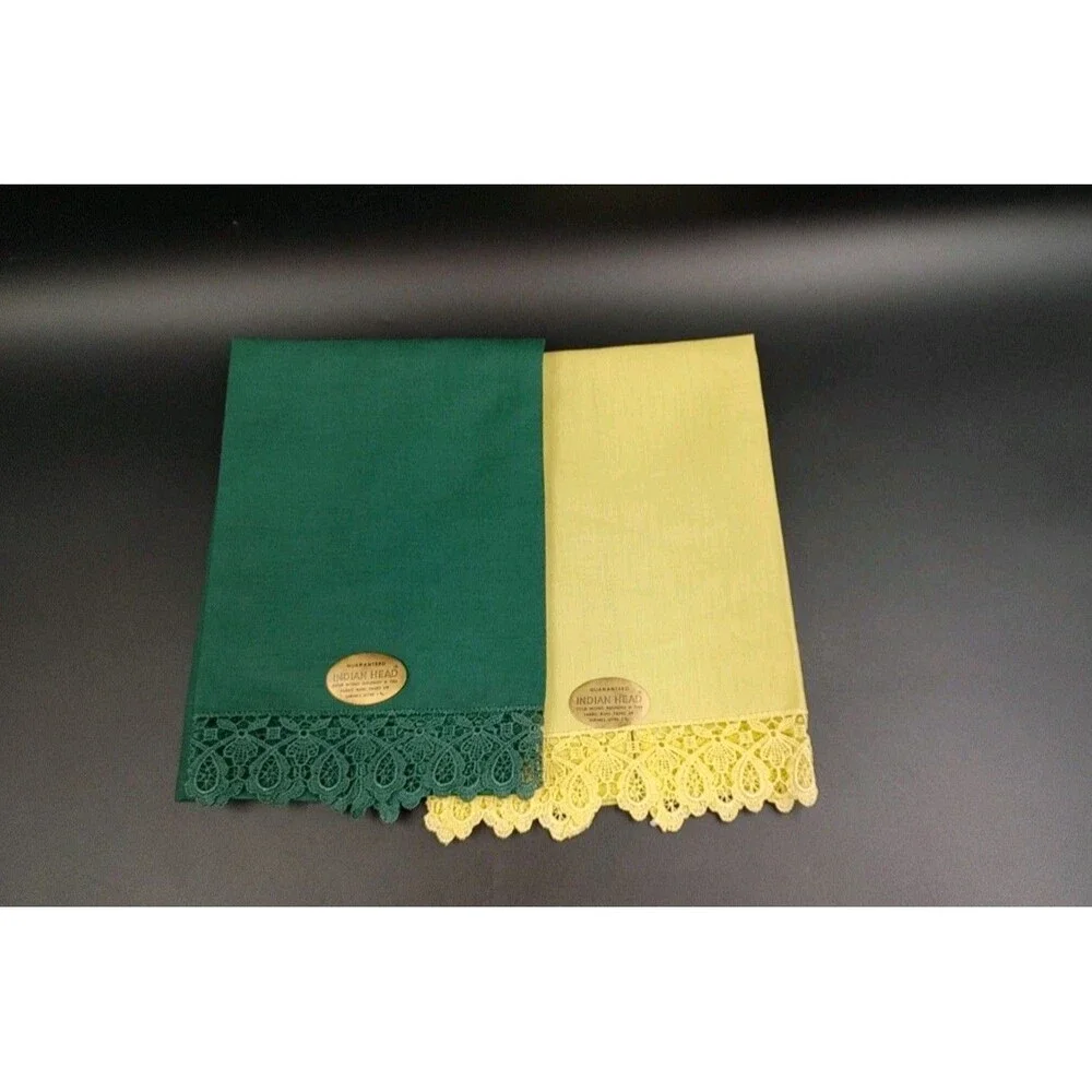 VTG New Mixed Pair 2 Indian Head Linen Napkins Green Yellow Lace Edge